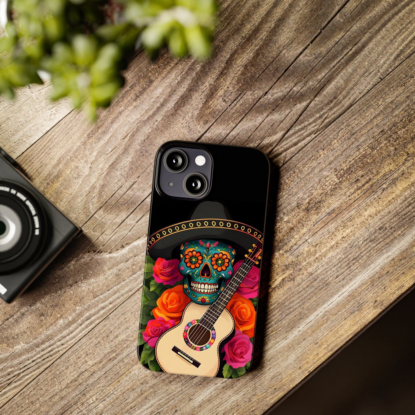 Mariachi Skull Slim Phone Case, Colorful Folk Aesthetic, Halloween Floral Skull Design, Gift for Mexican Culture Lovers