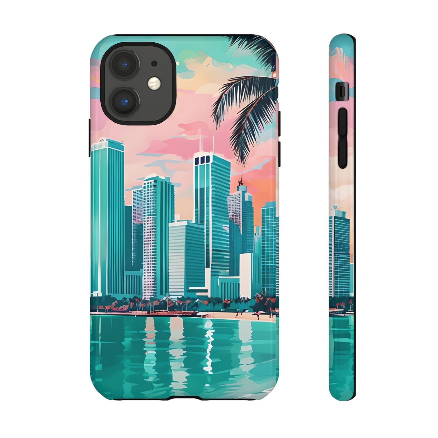 Miami Cityscape Phone Case - Tropical Skyline Tough Case, Sunset Beach Urban Art, Gift for Travelers Compatible with iPhone, Galaxy, Google