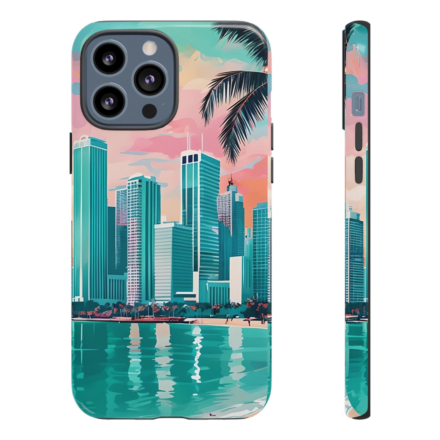 Miami Cityscape Phone Case - Tropical Skyline Tough Case, Sunset Beach Urban Art, Gift for Travelers Compatible with iPhone, Galaxy, Google