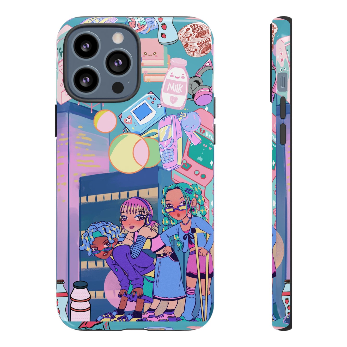 Y2K Anime Girl Tough Phone Case - Kawaii Vaporwave Style, Cute Maximalist Aesthetic, Compatible with iPhone, Galaxy, and Google Phones