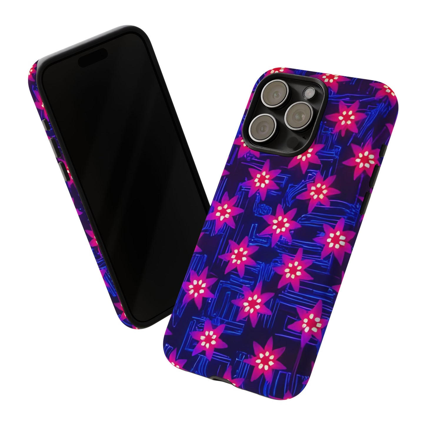 Neon Flower Tough Phone Case - Trippy Dark Floral Art, Electric Glow Aesthetic, Compatible with iPhone, Galaxy, and Google Phones