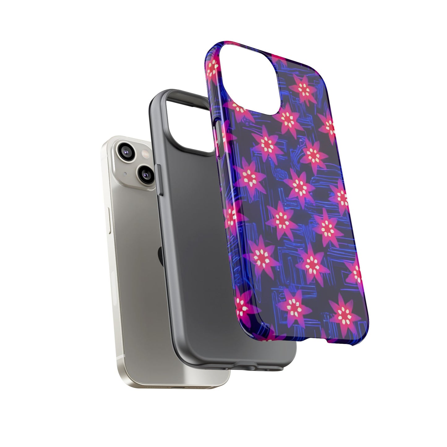 Neon Flower Tough Phone Case - Trippy Dark Floral Art, Electric Glow Aesthetic, Compatible with iPhone, Galaxy, and Google Phones