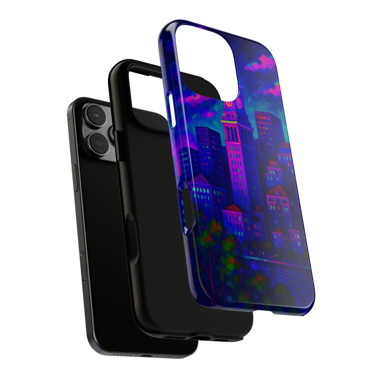 Boston Cityscape Tough Phone Case, Neon Night Skyline, Sunset Tower View Watercolor Urban Art, Compatible with iPhone, Galaxy, Google Phones