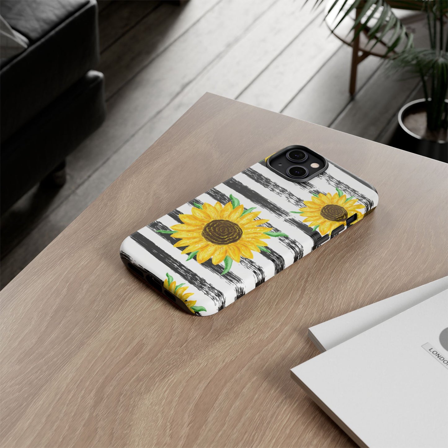 Sunflower Tough Phone Case - Bright Yellow Floral Art, Black and White Striped Aesthetic, Compatible with iPhone, Galaxy, and Google Phones
