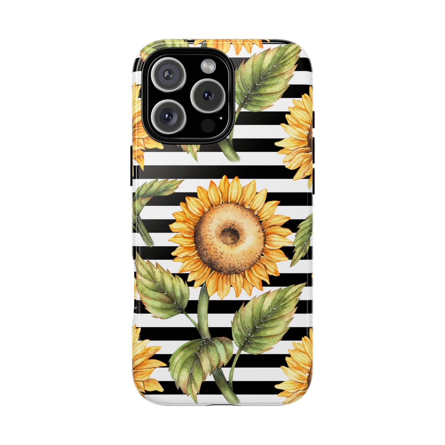 Sunflower Tough Phone Case - Bold Yellow Floral Art, Black and White Striped Aesthetic, Compatible with iPhone, Galaxy, and Google Phones