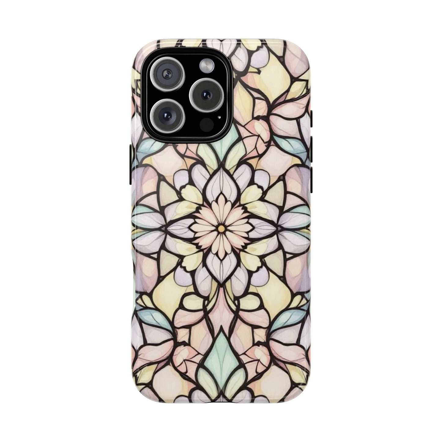 Pastel Stained Glass Mandala Phone Case, Tough Durable Vintage Floral Artistic Design compatible with iPhone, Samsung & Google Pixel Models
