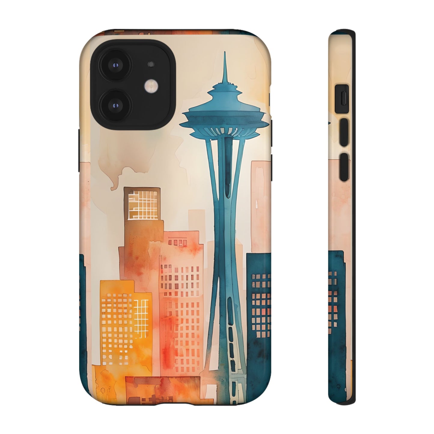 Seattle Cityscape Phone Case - Urban Skyline Art Tough Case, Watercolor City Aesthetic, Compatible with iPhone, Galaxy, Google Phones