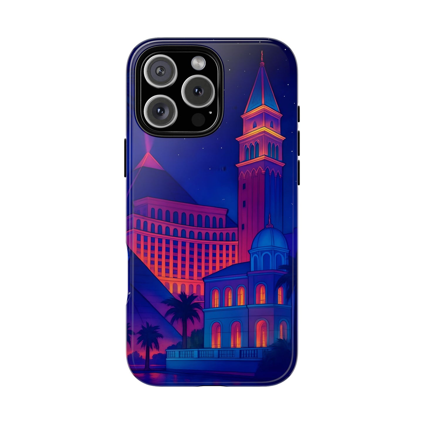 Cityscape Tough Phone Case, Las Vegas Strip Skyline Phone Cover, Neon Night Design, Compatible with iPhone, Galaxy & Google
