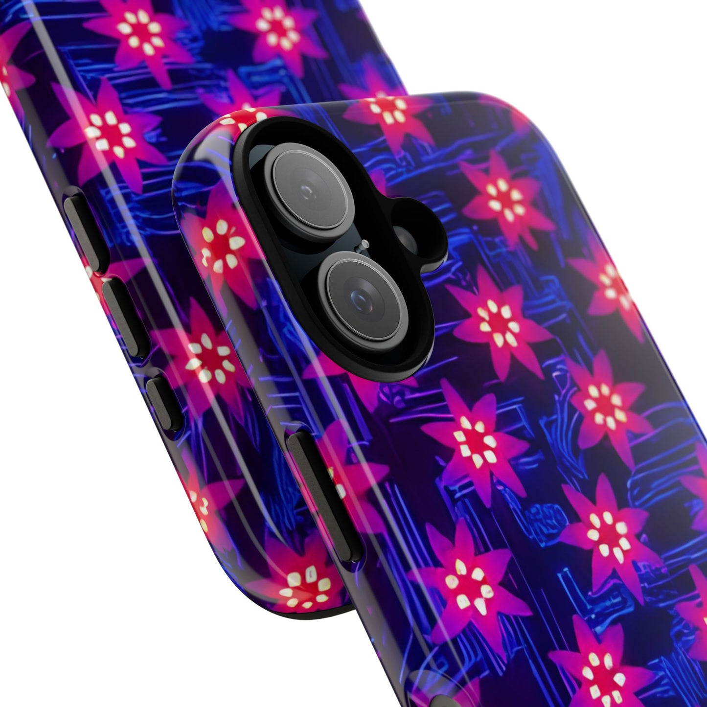 Neon Flower Tough Phone Case - Trippy Dark Floral Art, Electric Glow Aesthetic, Compatible with iPhone, Galaxy, and Google Phones
