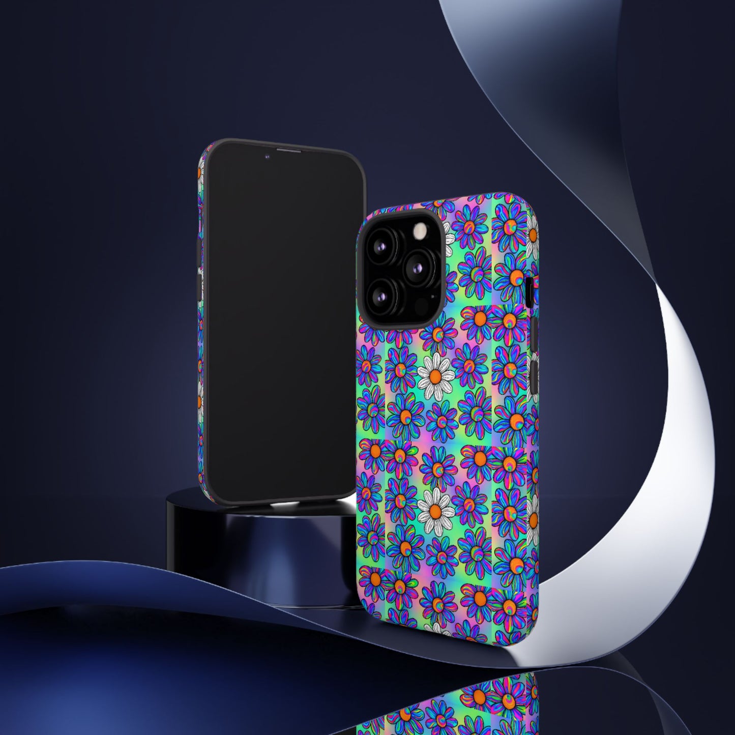 Trippy Daisy Tough Phone Case - Psychedelic Floral Aesthetic, Colorful Groovy Design, Compatible with iPhone, Galaxy, and Google Phones