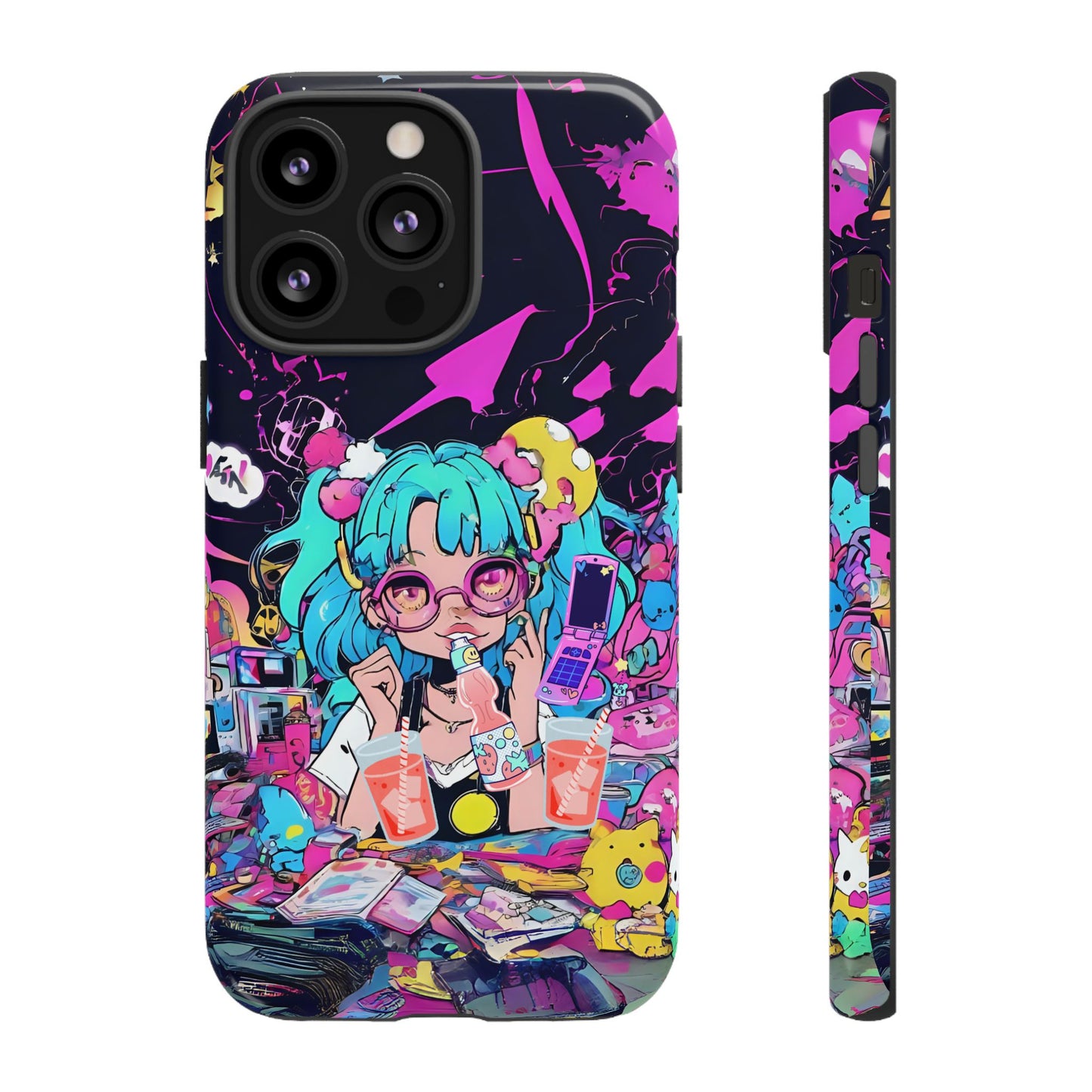 Y2K Anime Girl Tough Phone Case - Kawaii Vaporwave Style, Cute Maximalist Aesthetic, Compatible with iPhone, Galaxy, and Google Phones