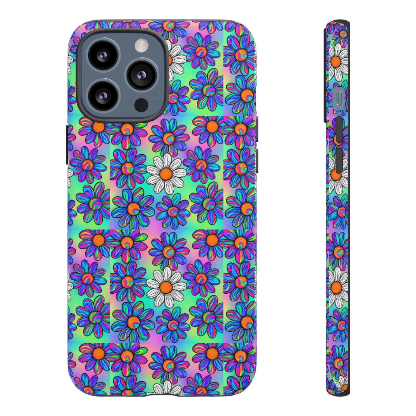 Trippy Daisy Tough Phone Case - Psychedelic Floral Aesthetic, Colorful Groovy Design, Compatible with iPhone, Galaxy, and Google Phones