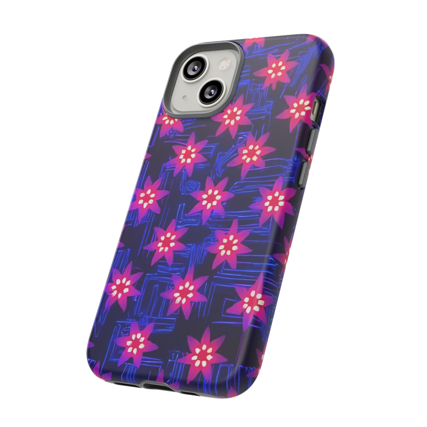 Neon Flower Tough Phone Case - Trippy Dark Floral Art, Electric Glow Aesthetic, Compatible with iPhone, Galaxy, and Google Phones