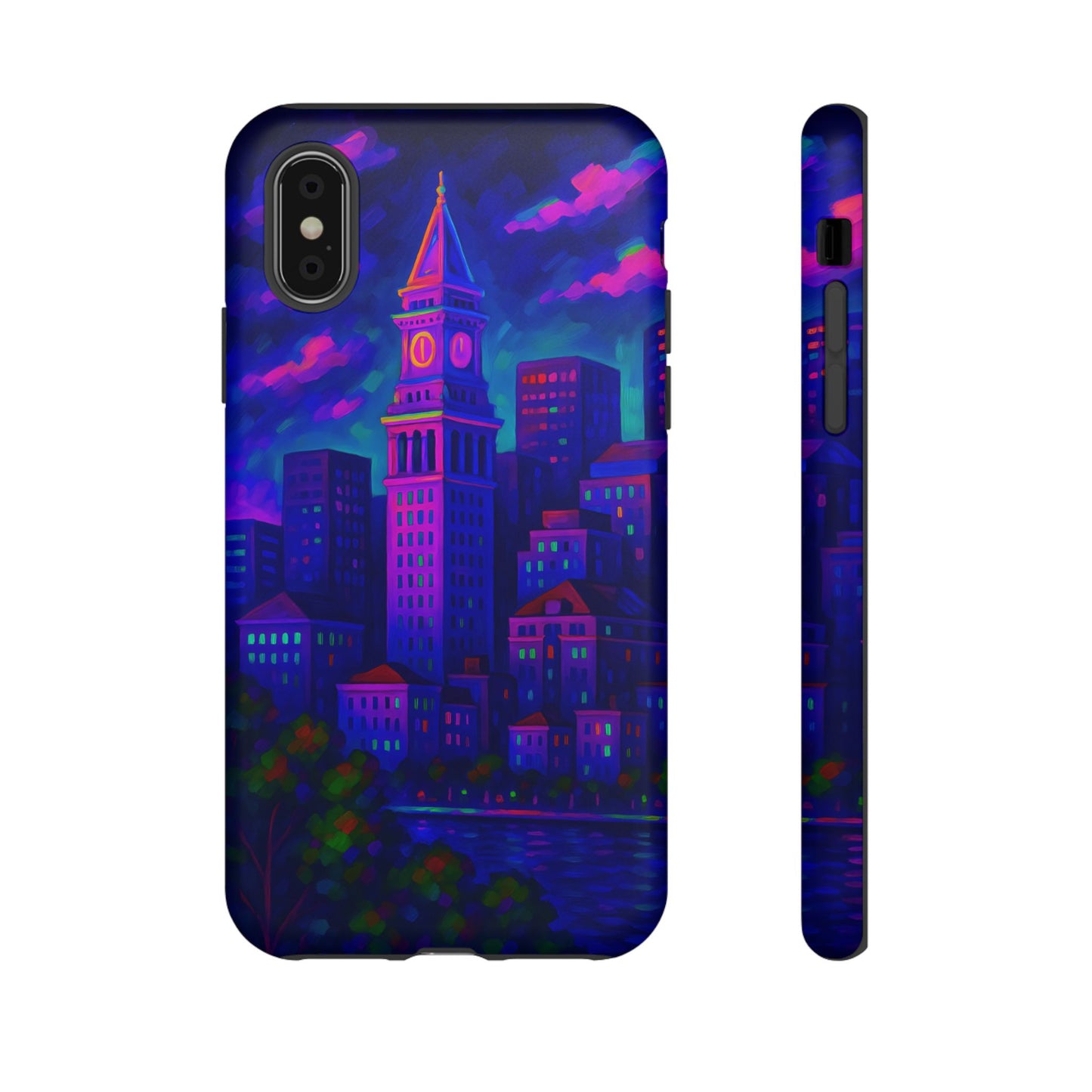 Boston Cityscape Tough Phone Case, Neon Night Skyline, Sunset Tower View Watercolor Urban Art, Compatible with iPhone, Galaxy, Google Phones
