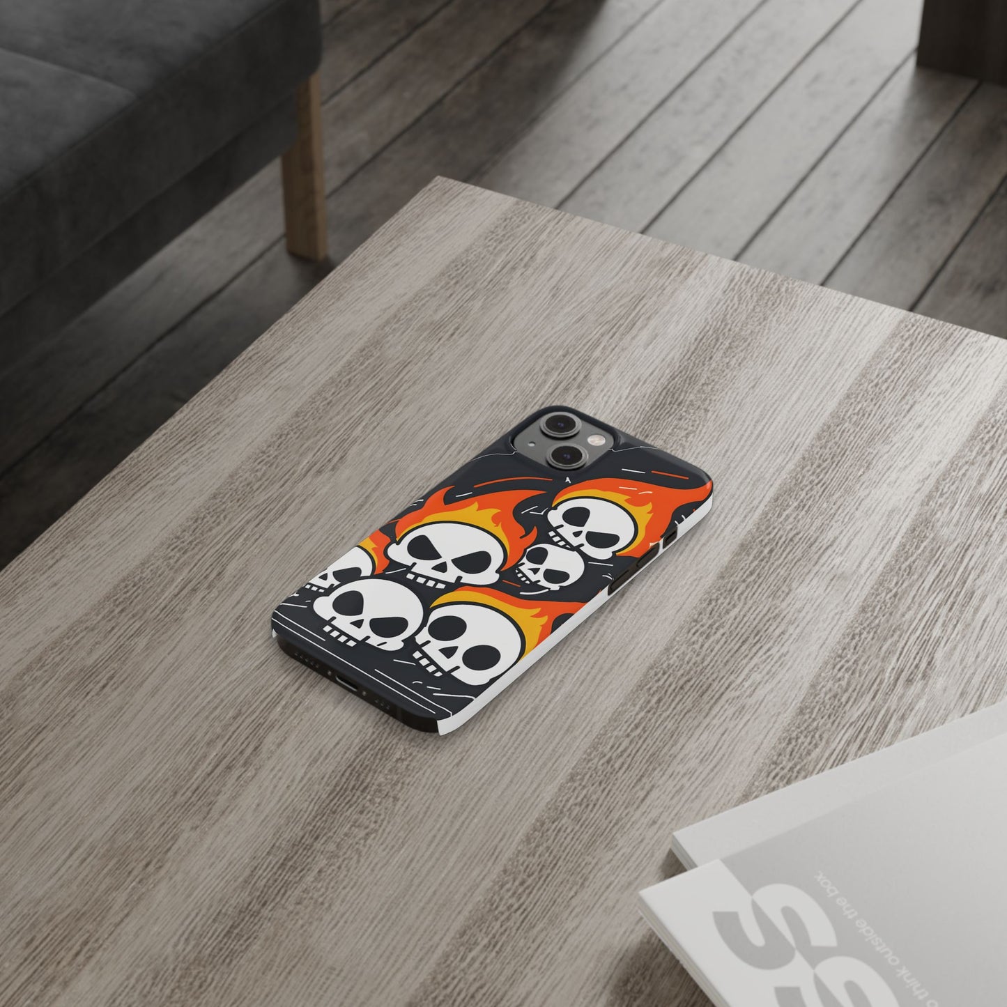 Flaming Skulls Slim Phone Case, Y2K Alt Halloween Aesthetic, Creepy Cute Cartoon Style, Stylish Music Lovers, Perfect Gift for Halloween