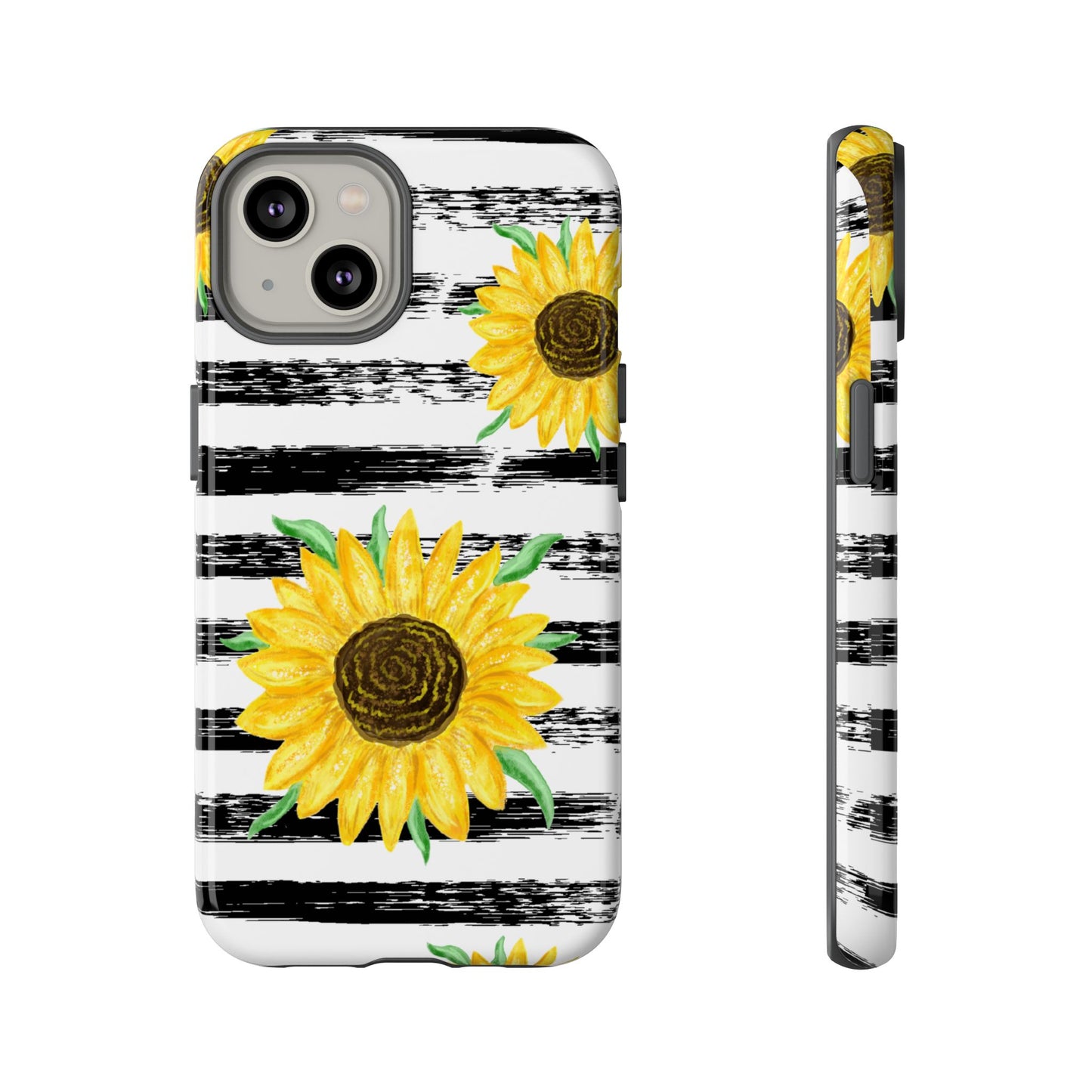 Sunflower Tough Phone Case - Bright Yellow Floral Art, Black and White Striped Aesthetic, Compatible with iPhone, Galaxy, and Google Phones