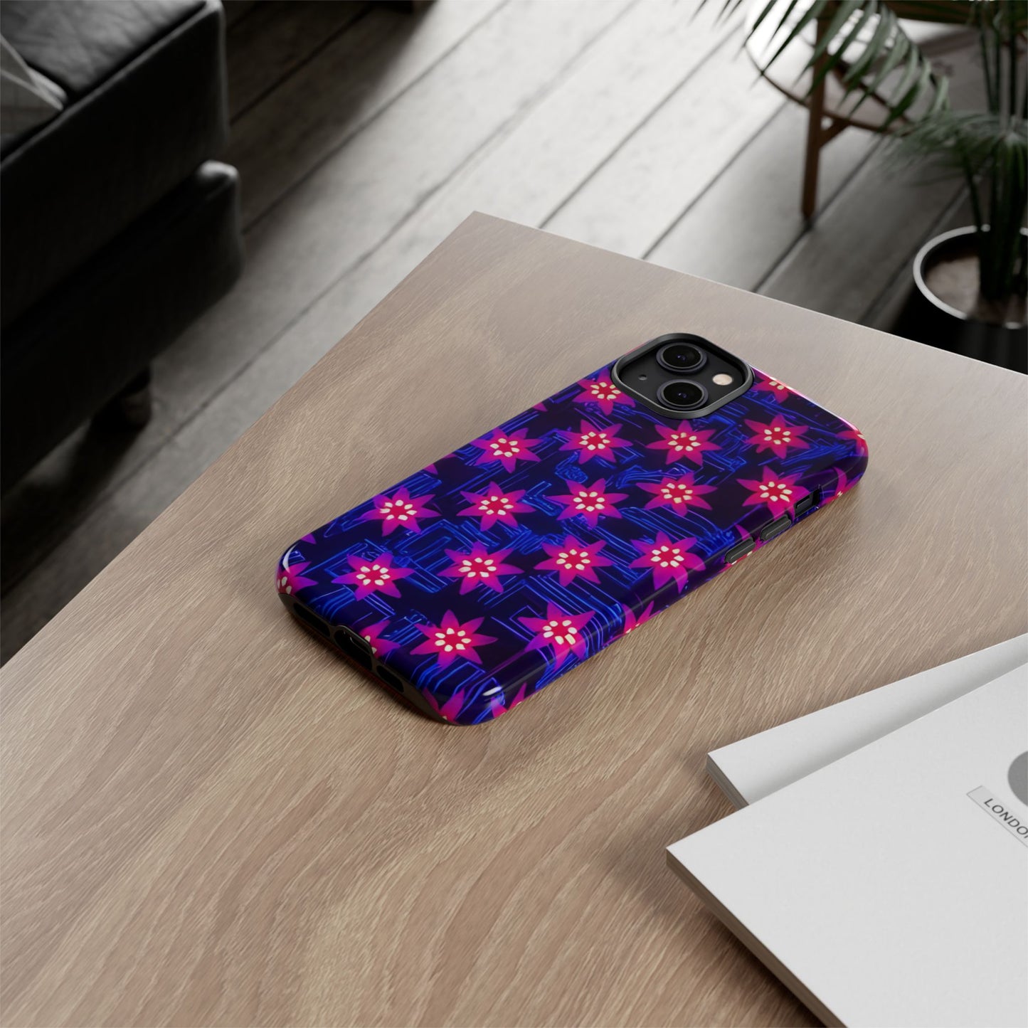 Neon Flower Tough Phone Case - Trippy Dark Floral Art, Electric Glow Aesthetic, Compatible with iPhone, Galaxy, and Google Phones