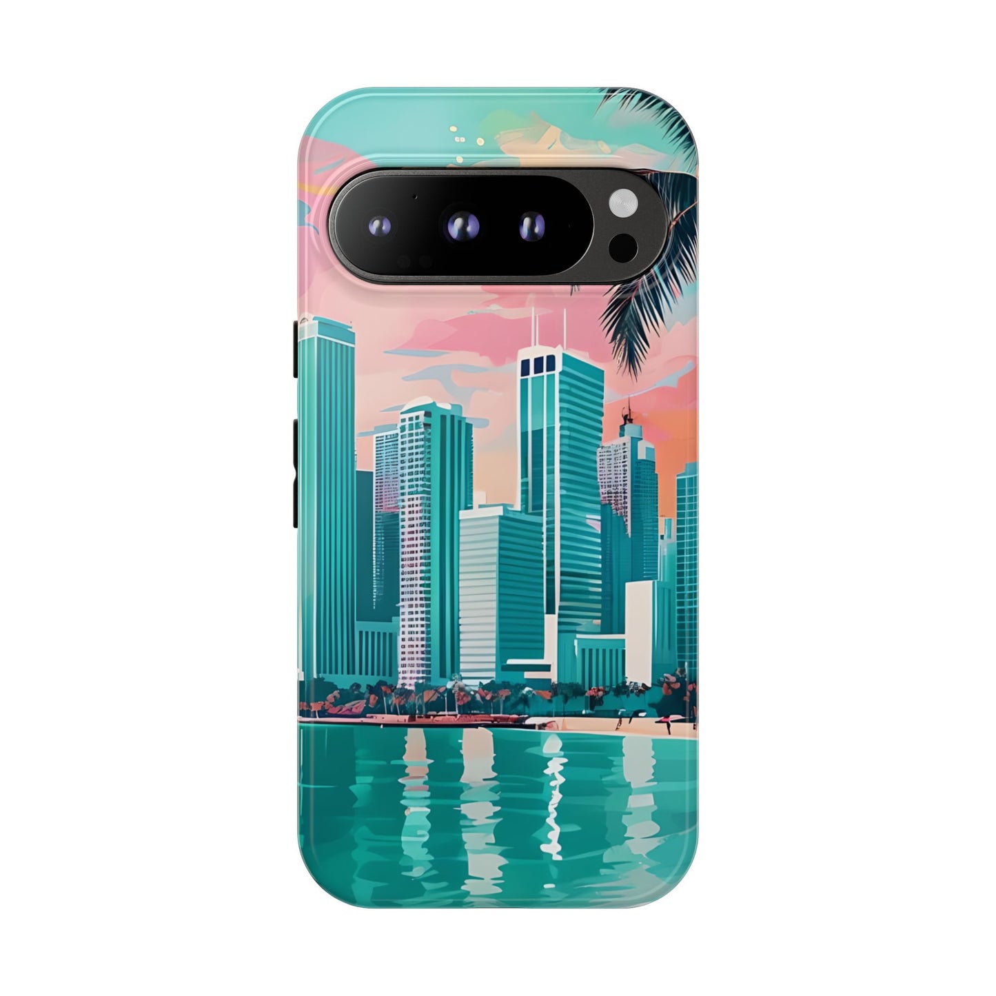 Miami Cityscape Phone Case - Tropical Skyline Tough Case, Sunset Beach Urban Art, Gift for Travelers Compatible with iPhone, Galaxy, Google