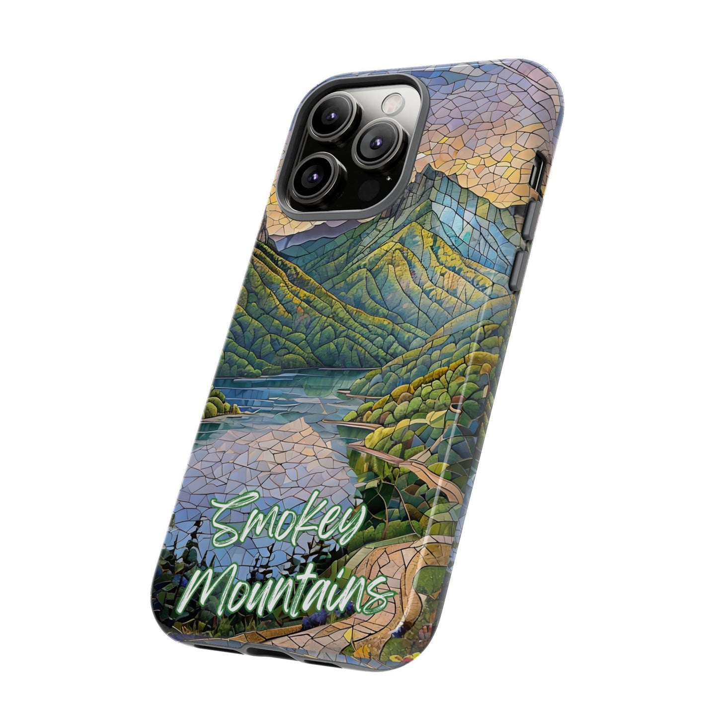 Great Smoky Mountains Mosaic Tough Phone Case Misty Mountain Forest Art, Nature Aesthetic, Compatible with iPhone, Galaxy, and Google Phones