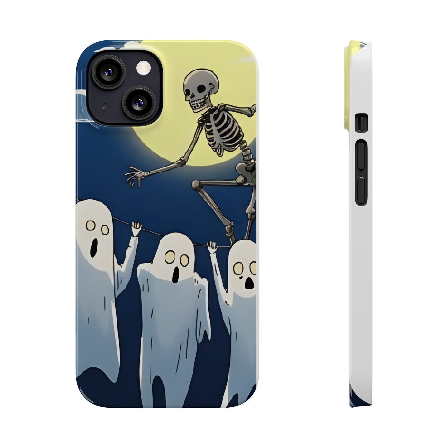Jumping Skeleton Slim Phone Case - Halloween Aesthetic, Creepy Cute Ghost Cartoon Style, Compatible with iPhone, Galaxy, and Google Phones