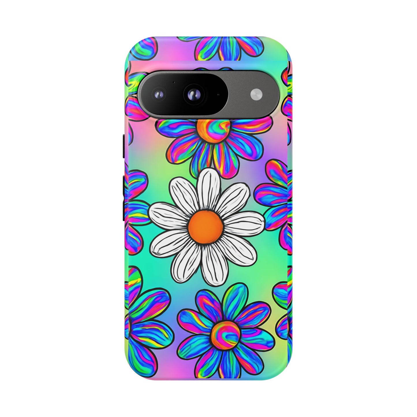 Trippy Daisy Tough Phone Case - Psychedelic Floral Design, Colorful Retro Aesthetic, Compatible with iPhone, Galaxy, and Google Phones