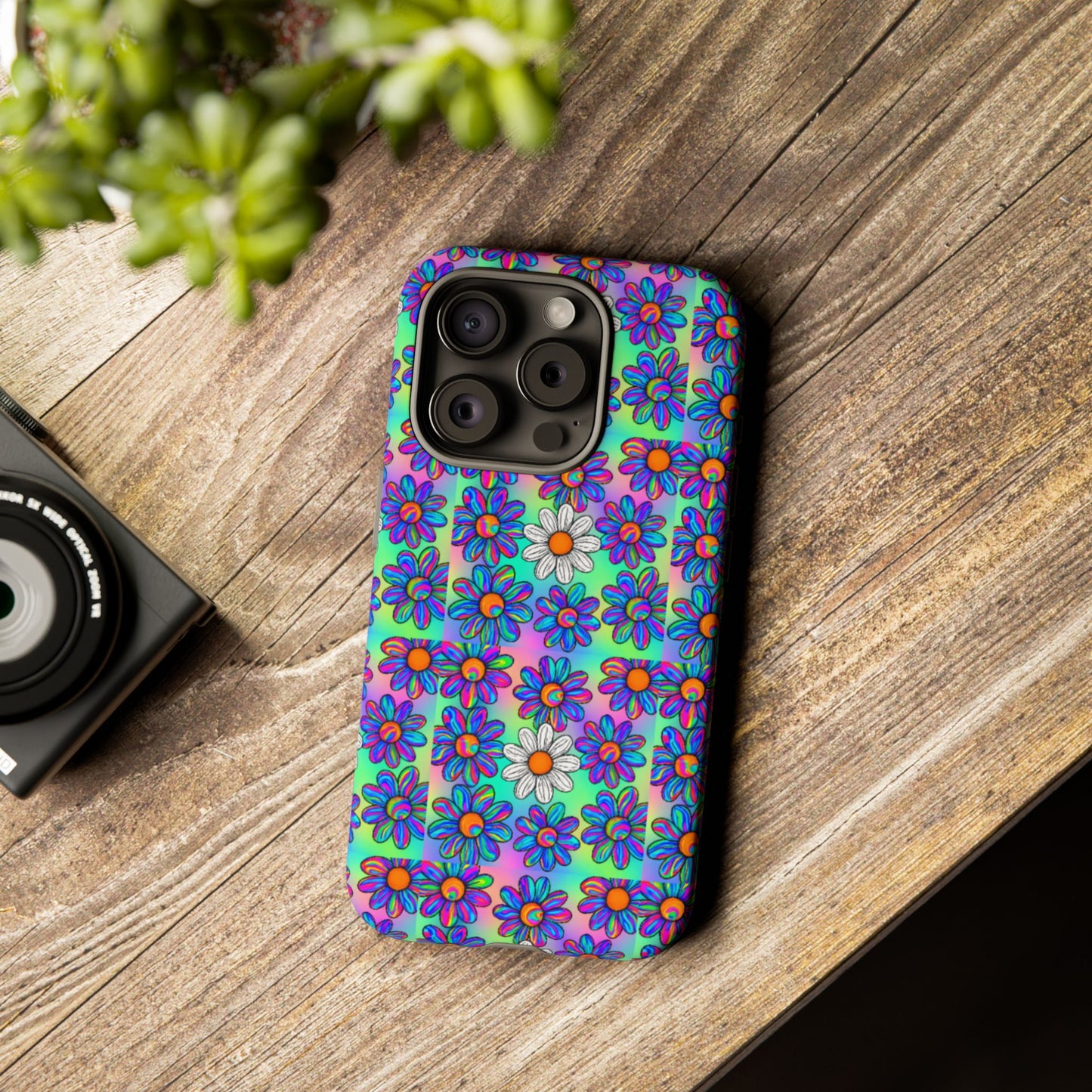Trippy Daisy Tough Phone Case - Psychedelic Floral Aesthetic, Colorful Groovy Design, Compatible with iPhone, Galaxy, and Google Phones