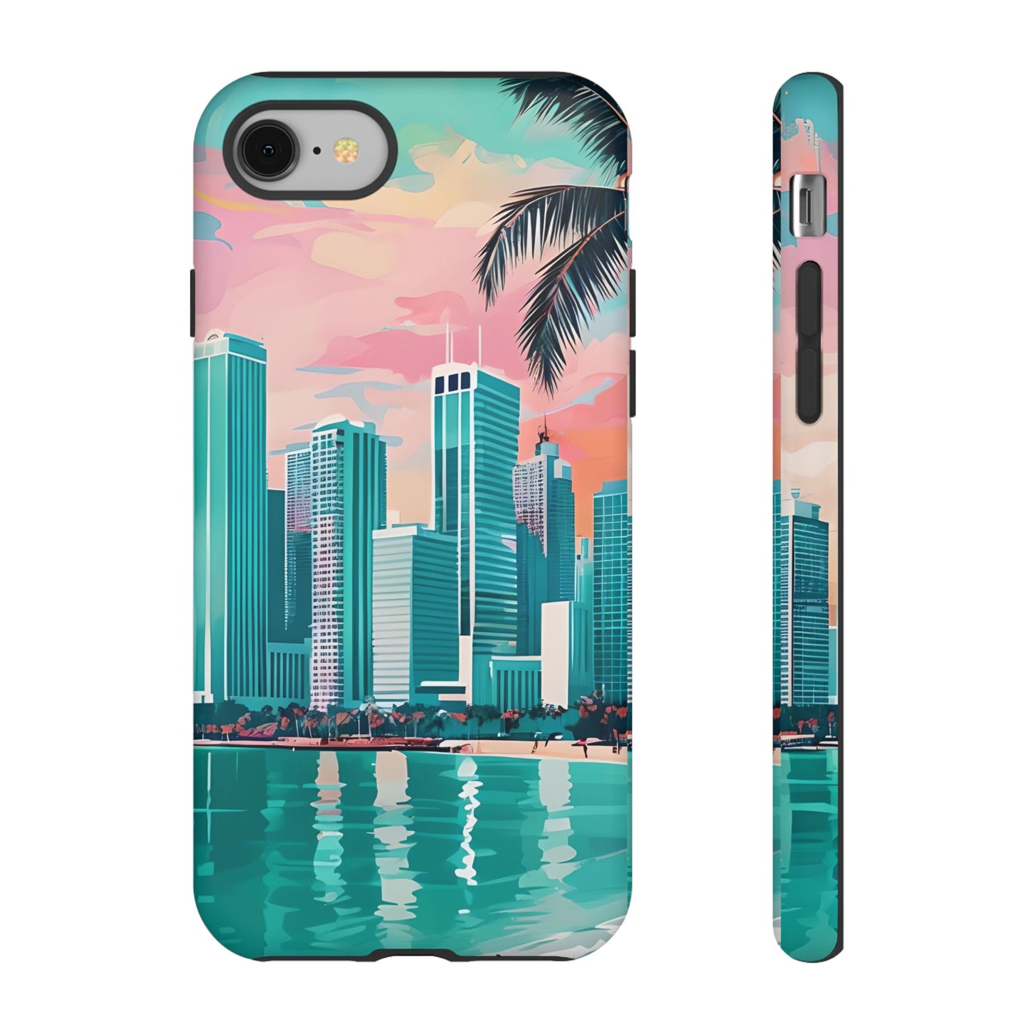 Miami Cityscape Phone Case - Tropical Skyline Tough Case, Sunset Beach Urban Art, Gift for Travelers Compatible with iPhone, Galaxy, Google