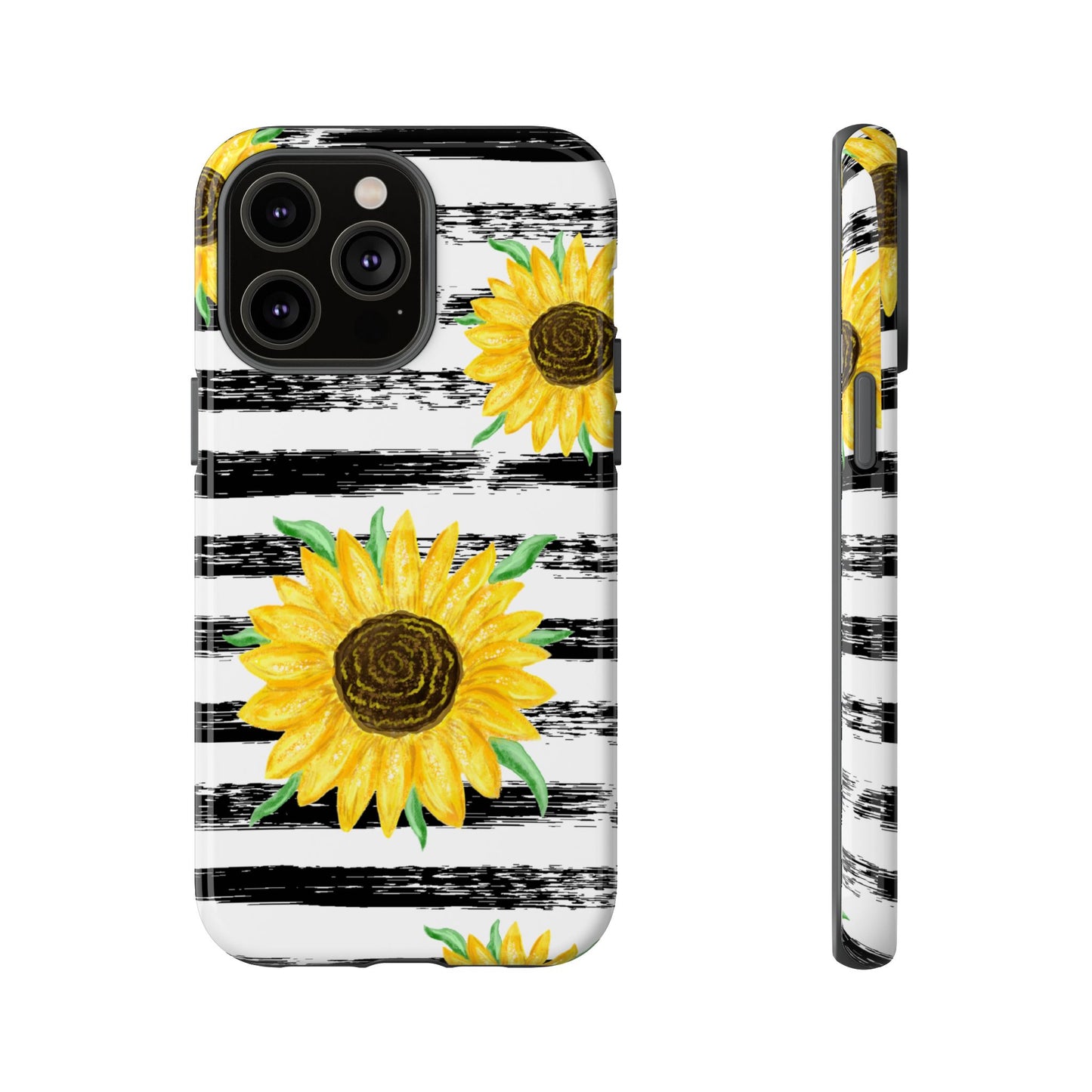 Sunflower Tough Phone Case - Bright Yellow Floral Art, Black and White Striped Aesthetic, Compatible with iPhone, Galaxy, and Google Phones