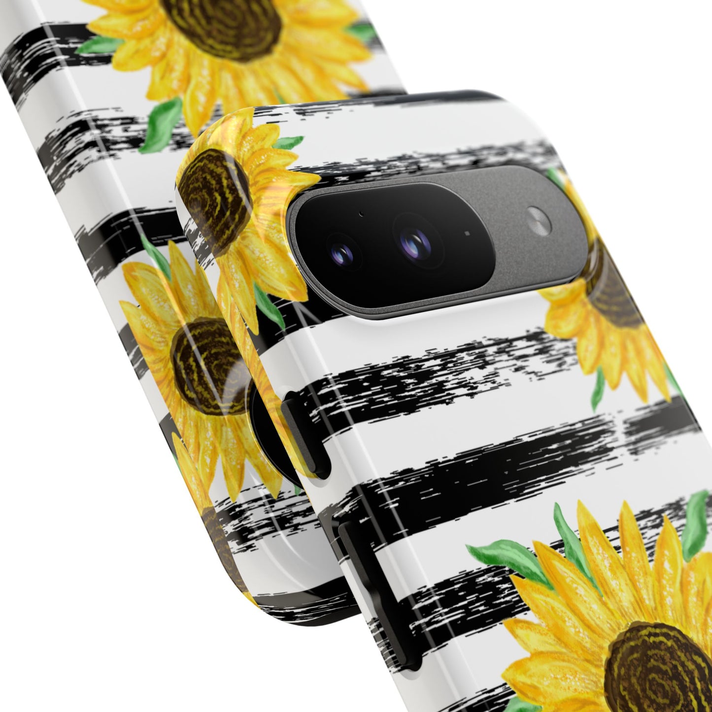 Sunflower Tough Phone Case - Bright Yellow Floral Art, Black and White Striped Aesthetic, Compatible with iPhone, Galaxy, and Google Phones