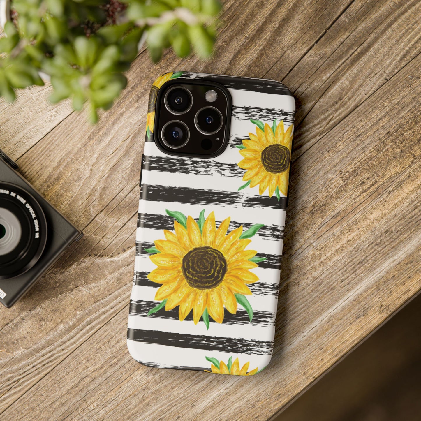 Sunflower Tough Phone Case - Bright Yellow Floral Art, Black and White Striped Aesthetic, Compatible with iPhone, Galaxy, and Google Phones