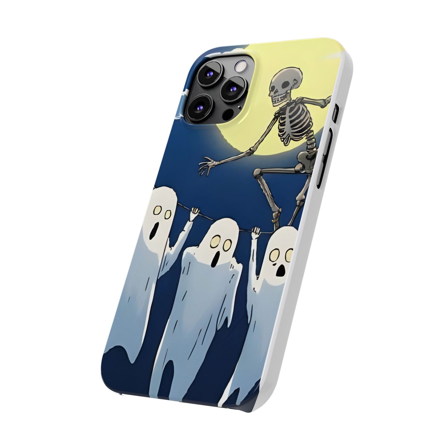 Jumping Skeleton Slim Phone Case - Halloween Aesthetic, Creepy Cute Ghost Cartoon Style, Compatible with iPhone, Galaxy, and Google Phones