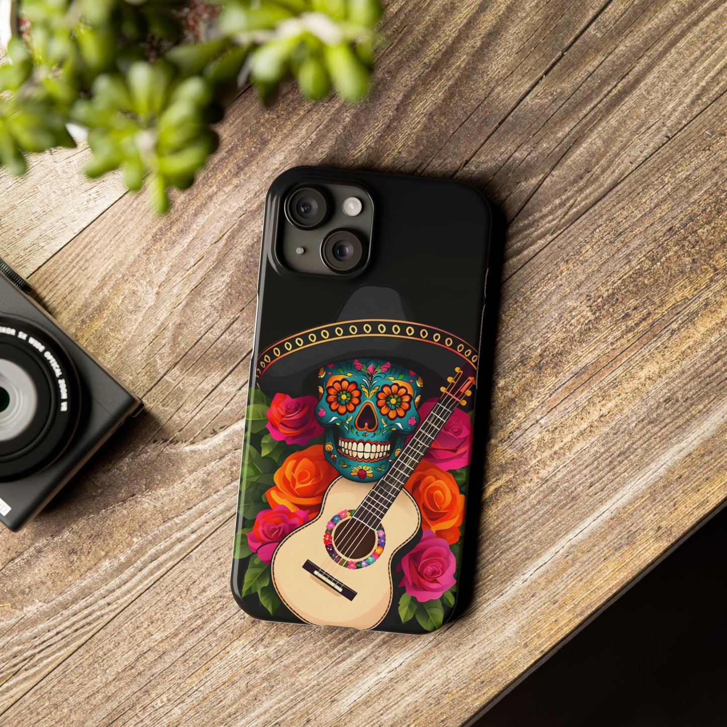 Mariachi Skull Slim Phone Case, Colorful Folk Aesthetic, Halloween Floral Skull Design, Gift for Mexican Culture Lovers