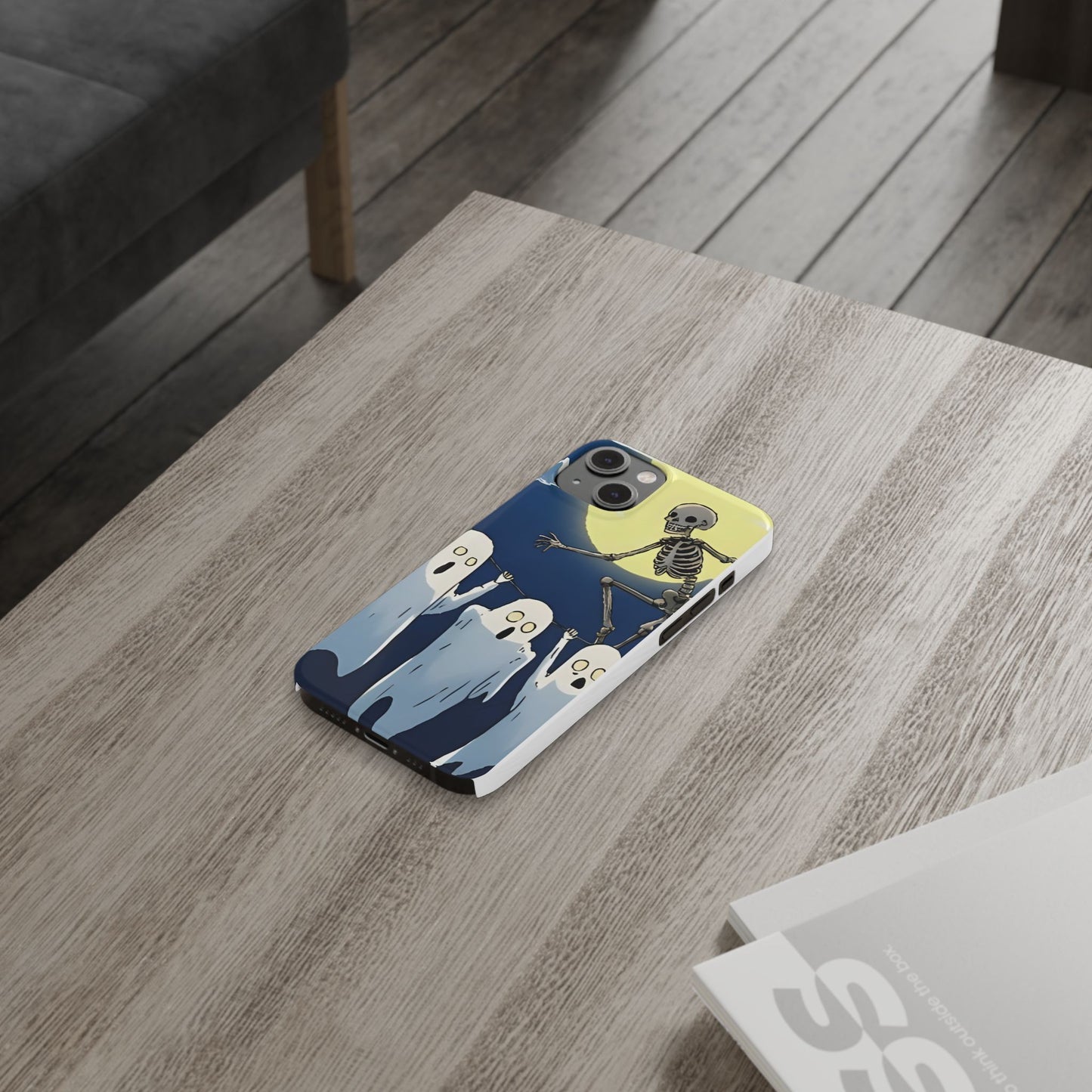 Jumping Skeleton Slim Phone Case - Halloween Aesthetic, Creepy Cute Ghost Cartoon Style, Compatible with iPhone, Galaxy, and Google Phones