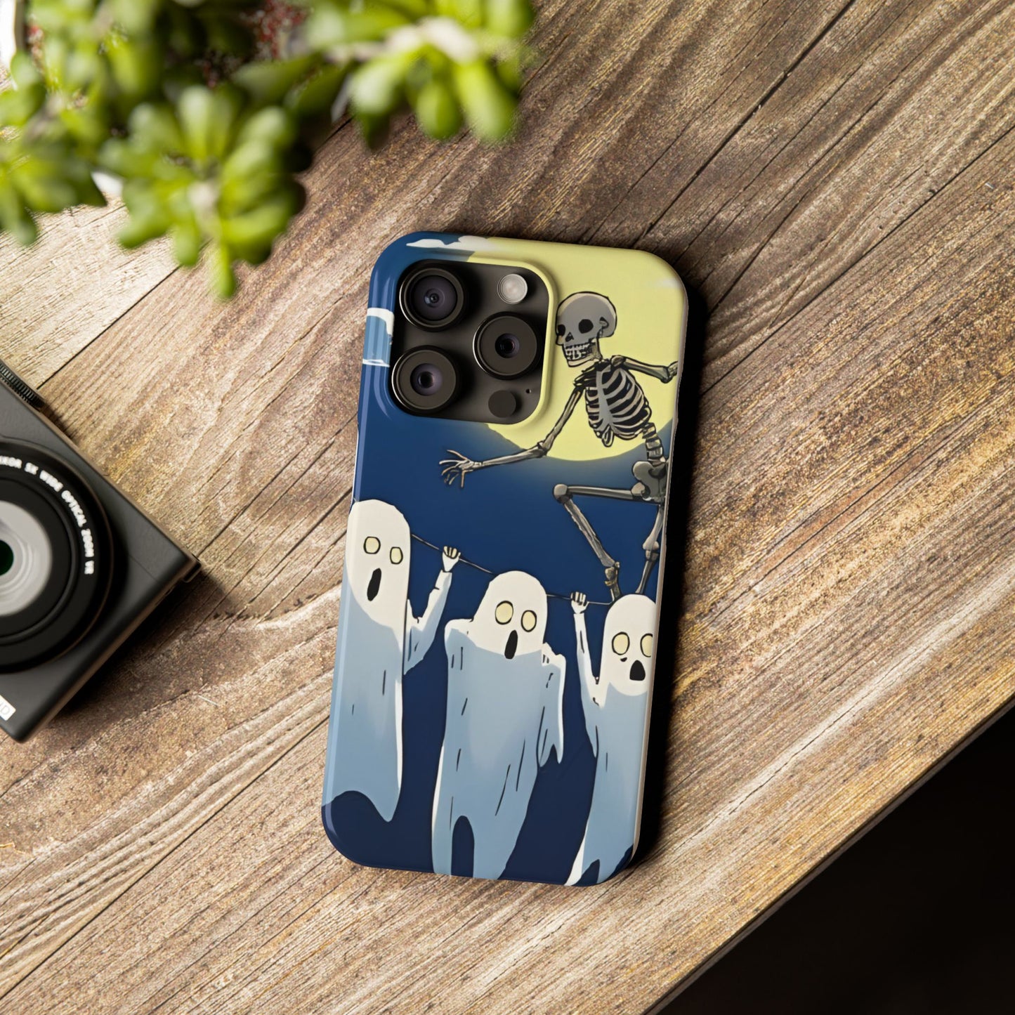 Jumping Skeleton Slim Phone Case - Halloween Aesthetic, Creepy Cute Ghost Cartoon Style, Compatible with iPhone, Galaxy, and Google Phones