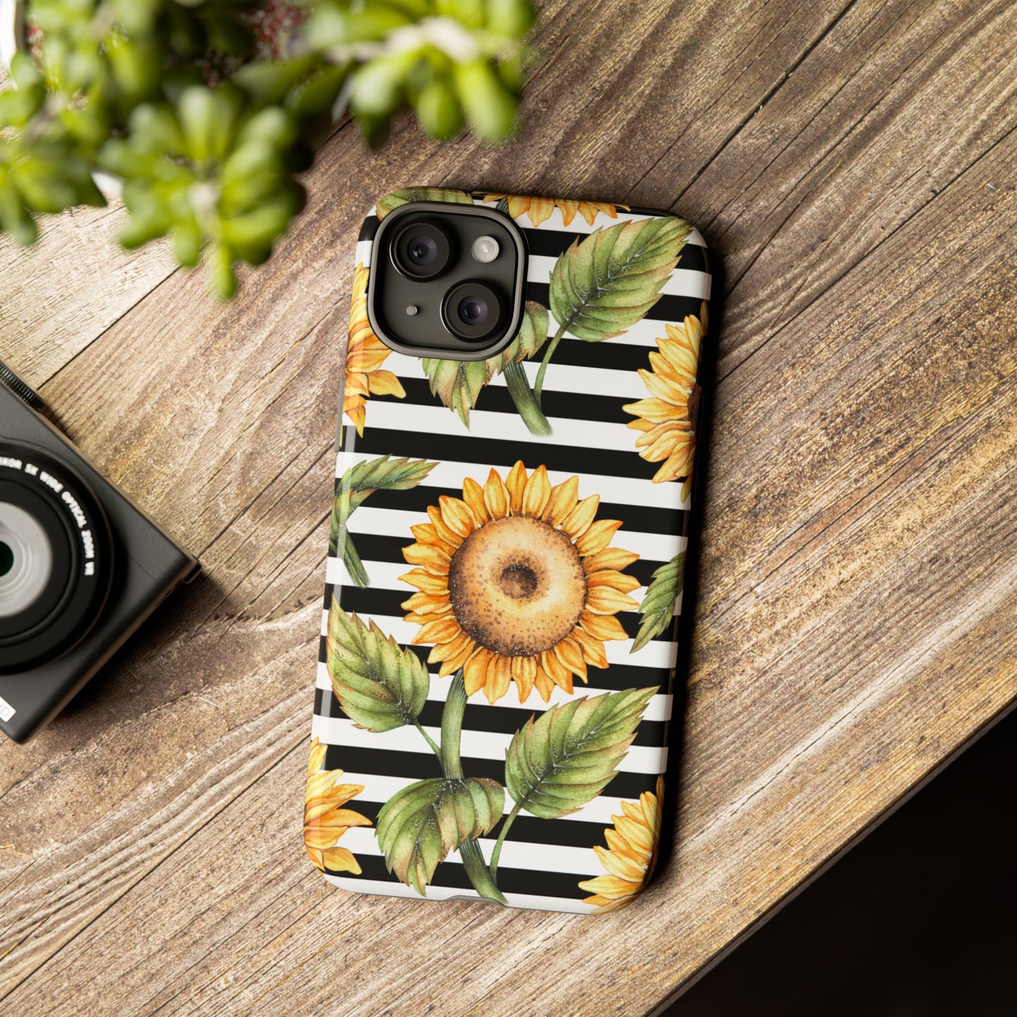 Sunflower Tough Phone Case - Bold Yellow Floral Art, Black and White Striped Aesthetic, Compatible with iPhone, Galaxy, and Google Phones