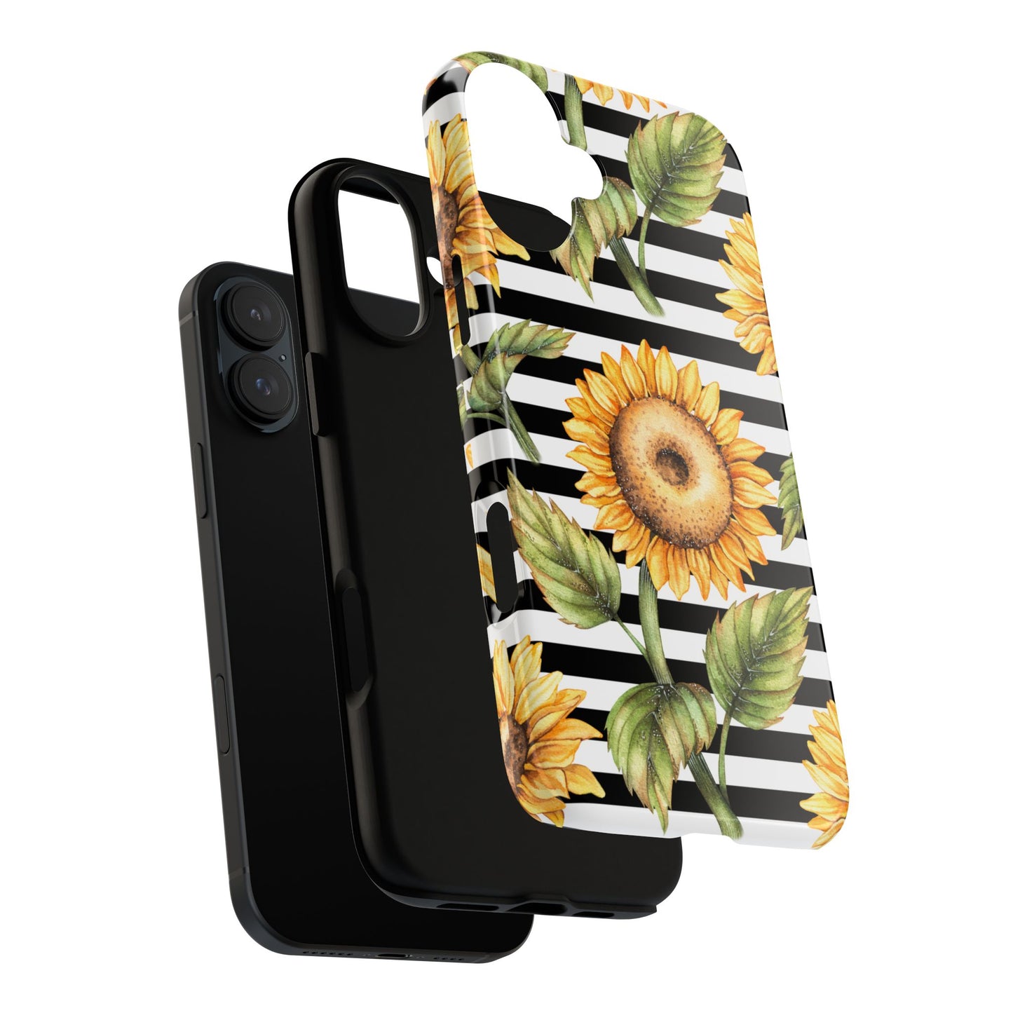 Sunflower Tough Phone Case - Bold Yellow Floral Art, Black and White Striped Aesthetic, Compatible with iPhone, Galaxy, and Google Phones