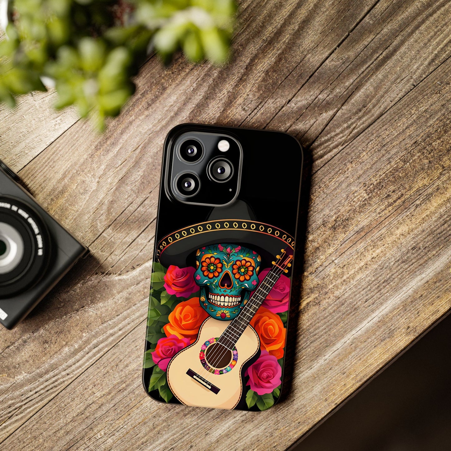 Mariachi Skull Slim Phone Case, Colorful Folk Aesthetic, Halloween Floral Skull Design, Gift for Mexican Culture Lovers