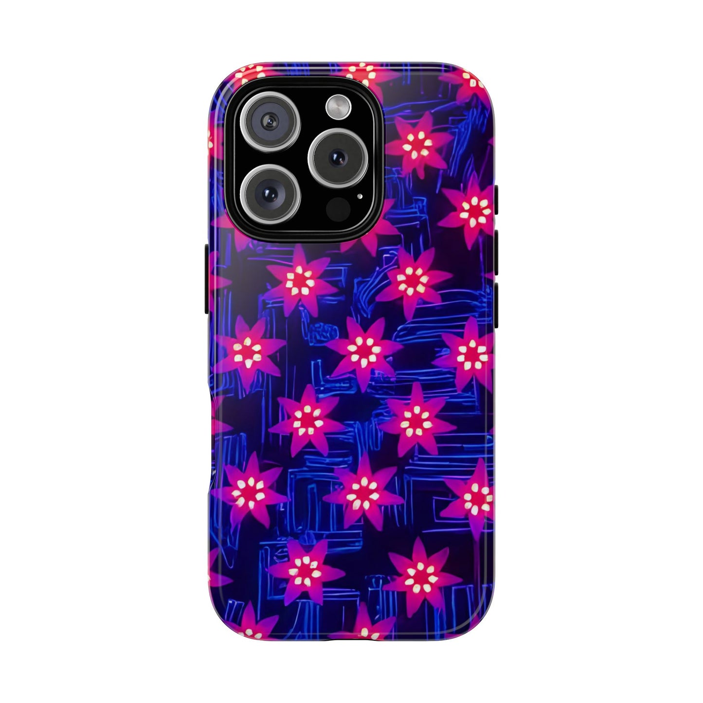 Neon Flower Tough Phone Case - Trippy Dark Floral Art, Electric Glow Aesthetic, Compatible with iPhone, Galaxy, and Google Phones
