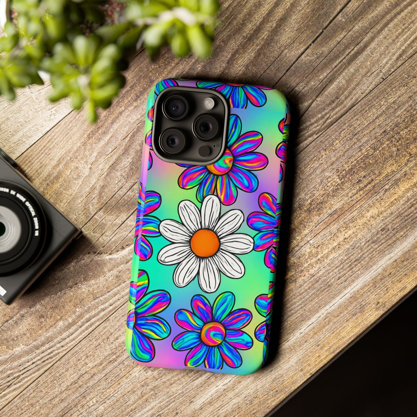 Trippy Daisy Tough Phone Case - Psychedelic Floral Design, Colorful Retro Aesthetic, Compatible with iPhone, Galaxy, and Google Phones