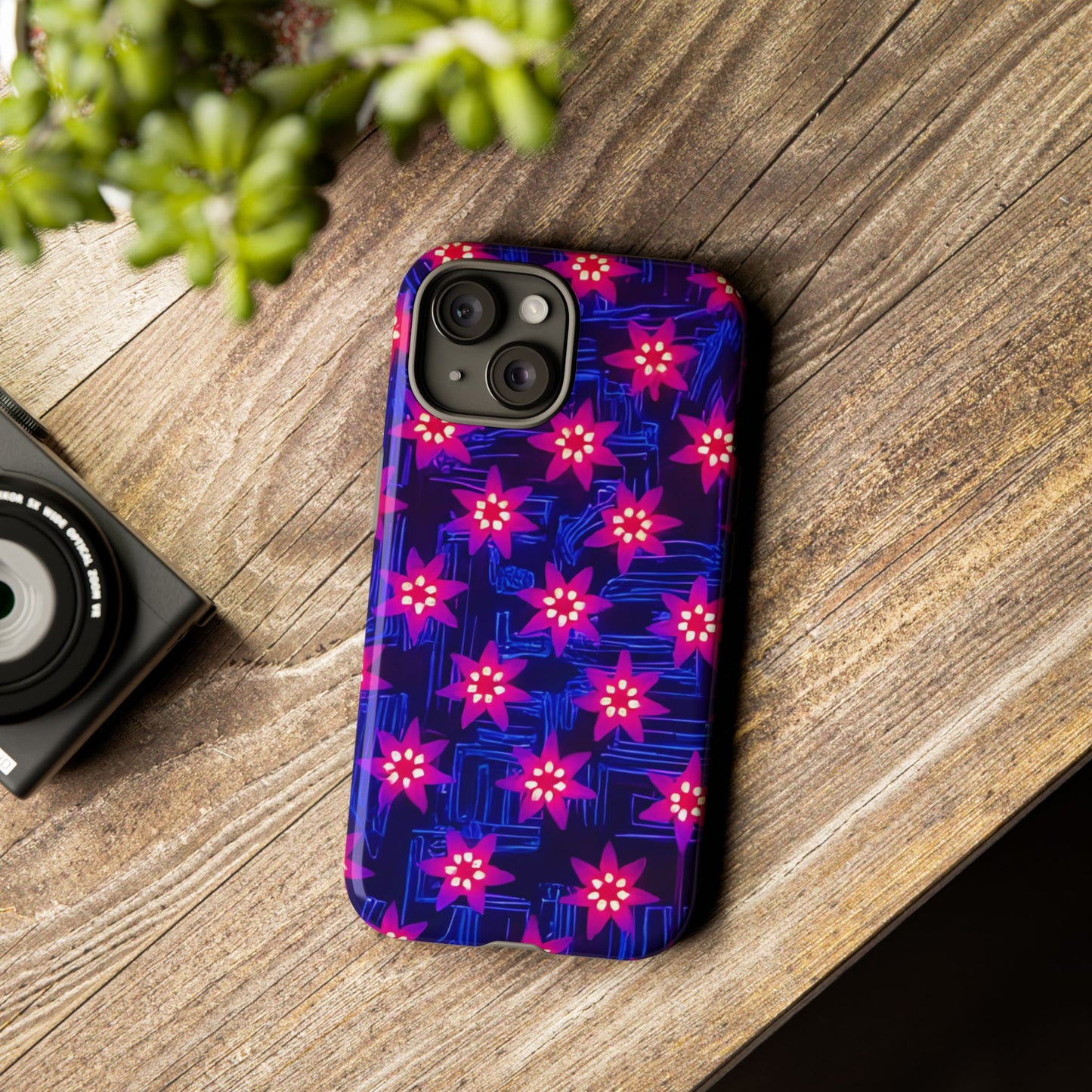 Neon Flower Tough Phone Case - Trippy Dark Floral Art, Electric Glow Aesthetic, Compatible with iPhone, Galaxy, and Google Phones