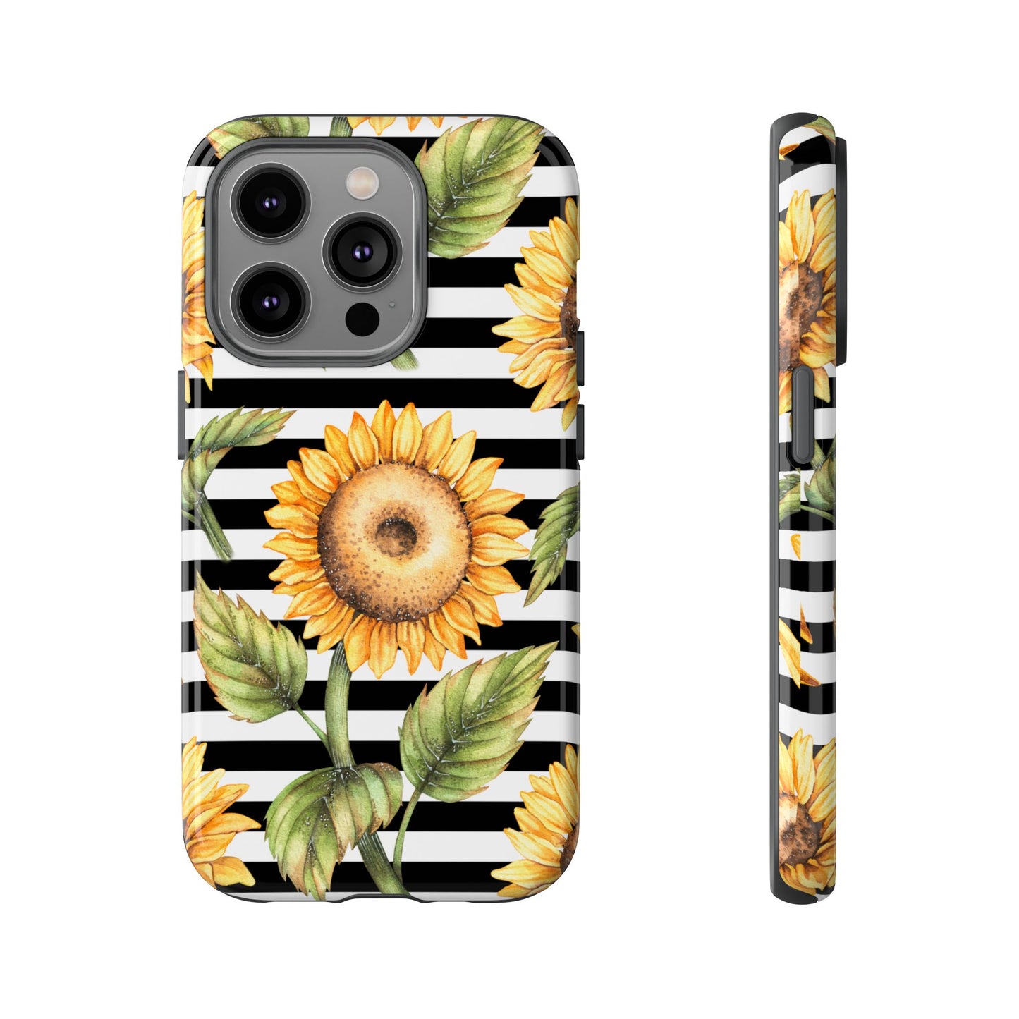 Sunflower Tough Phone Case - Bold Yellow Floral Art, Black and White Striped Aesthetic, Compatible with iPhone, Galaxy, and Google Phones