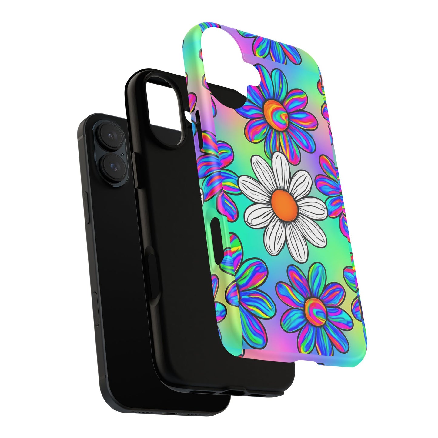 Trippy Daisy Tough Phone Case - Psychedelic Floral Design, Colorful Retro Aesthetic, Compatible with iPhone, Galaxy, and Google Phones