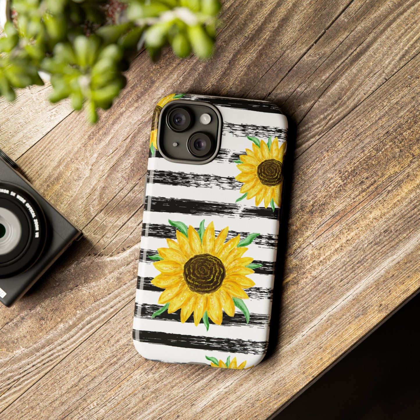 Sunflower Tough Phone Case - Bright Yellow Floral Art, Black and White Striped Aesthetic, Compatible with iPhone, Galaxy, and Google Phones