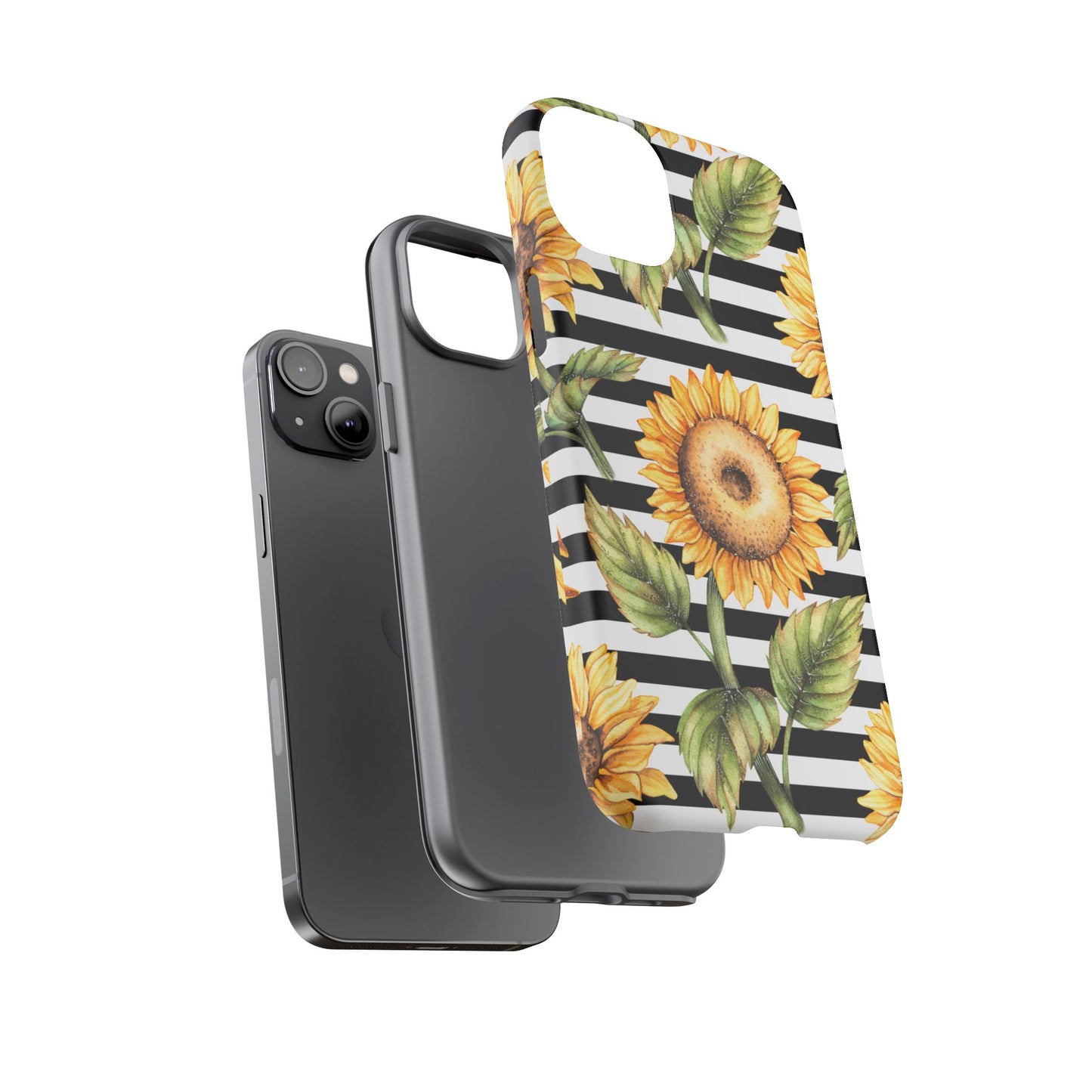 Sunflower Tough Phone Case - Bold Yellow Floral Art, Black and White Striped Aesthetic, Compatible with iPhone, Galaxy, and Google Phones