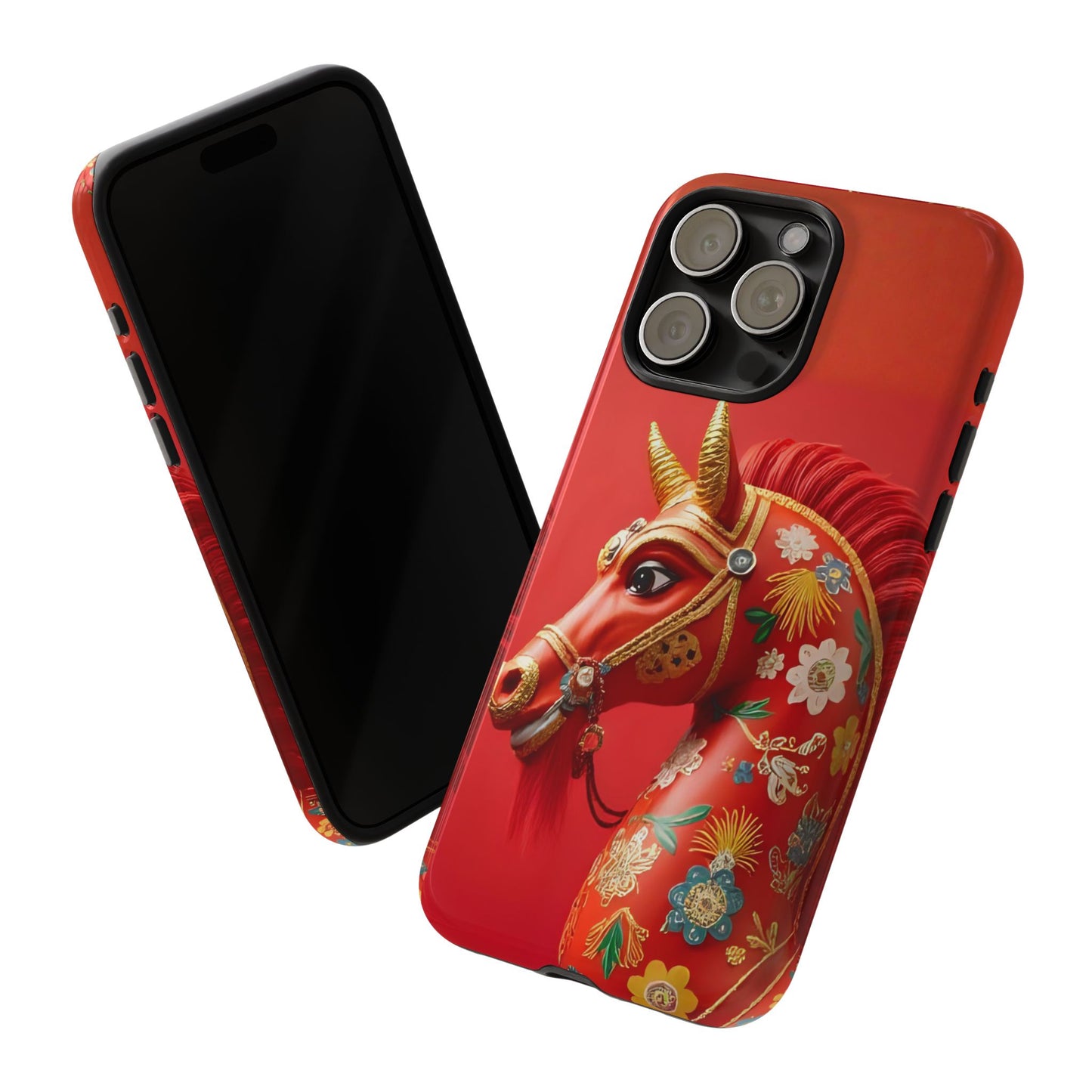 Year of the Horse Floral Art Tough Phone Case, Chinese Zodiac 2026 Design, compatible with iPhone 17 16 15 14 13 Galaxy Google