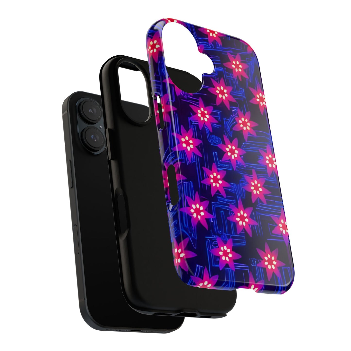 Neon Flower Tough Phone Case - Trippy Dark Floral Art, Electric Glow Aesthetic, Compatible with iPhone, Galaxy, and Google Phones