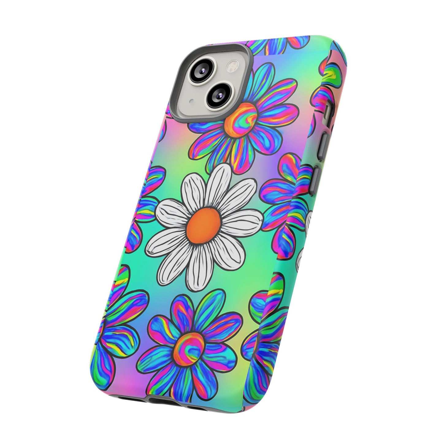 Trippy Daisy Tough Phone Case - Psychedelic Floral Design, Colorful Retro Aesthetic, Compatible with iPhone, Galaxy, and Google Phones