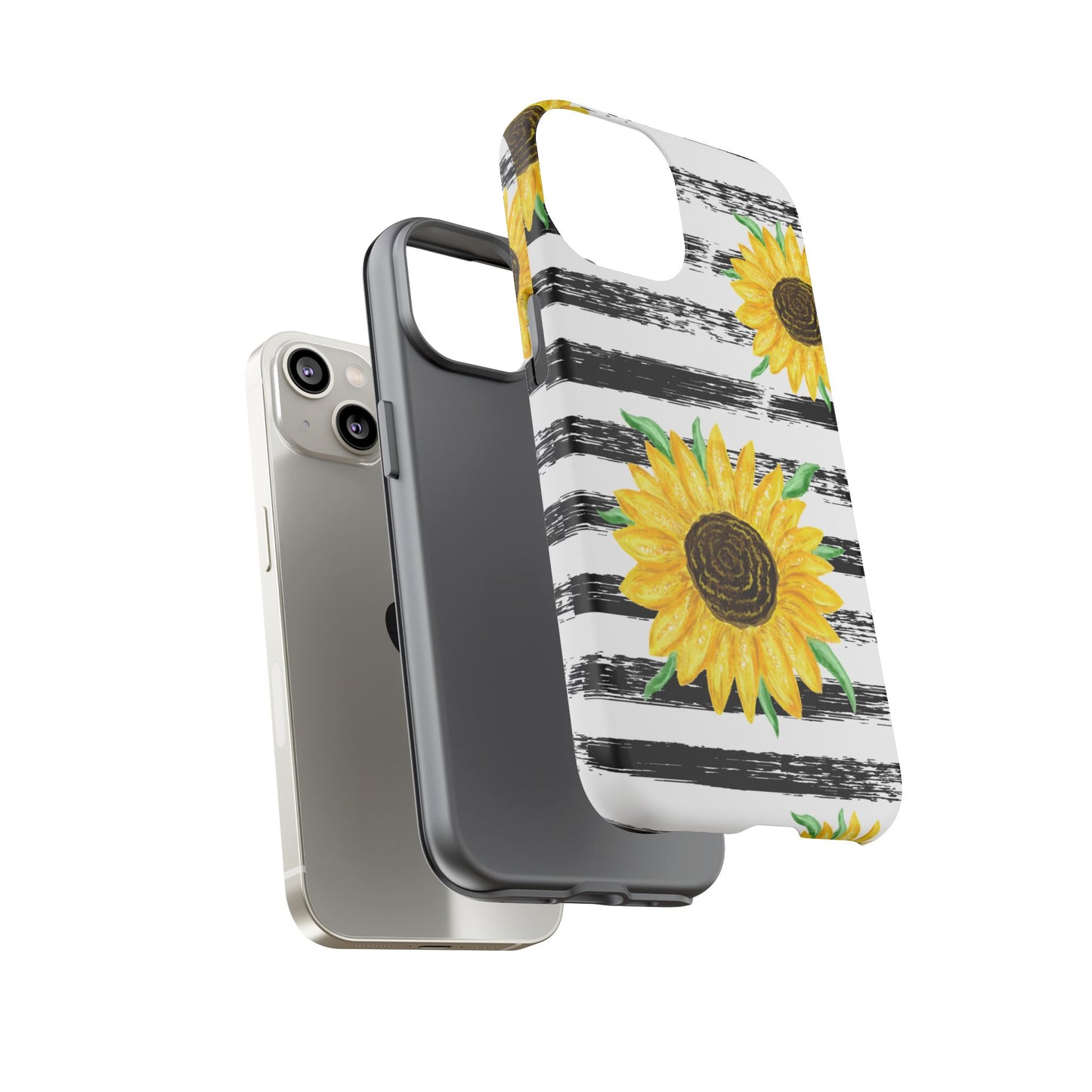 Sunflower Tough Phone Case - Bright Yellow Floral Art, Black and White Striped Aesthetic, Compatible with iPhone, Galaxy, and Google Phones