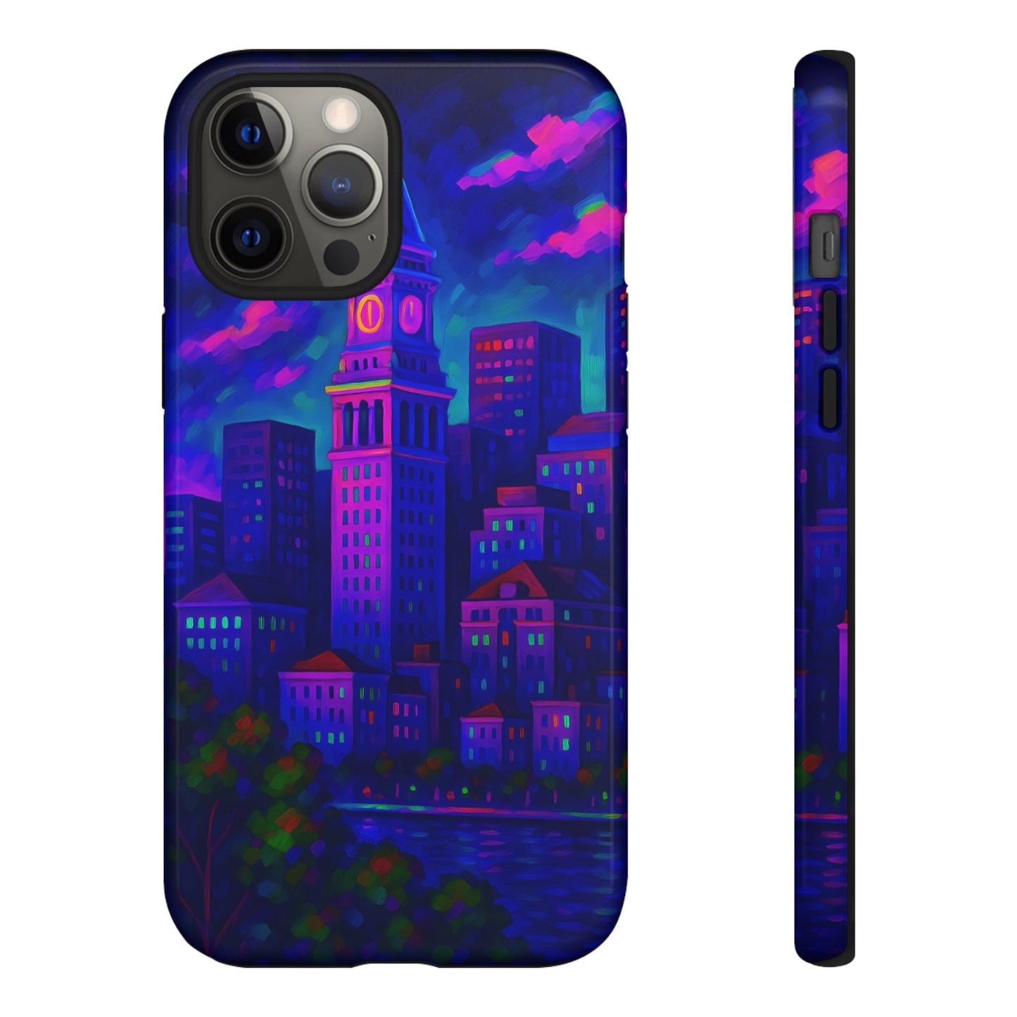 Boston Cityscape Tough Phone Case, Neon Night Skyline, Sunset Tower View Watercolor Urban Art, Compatible with iPhone, Galaxy, Google Phones