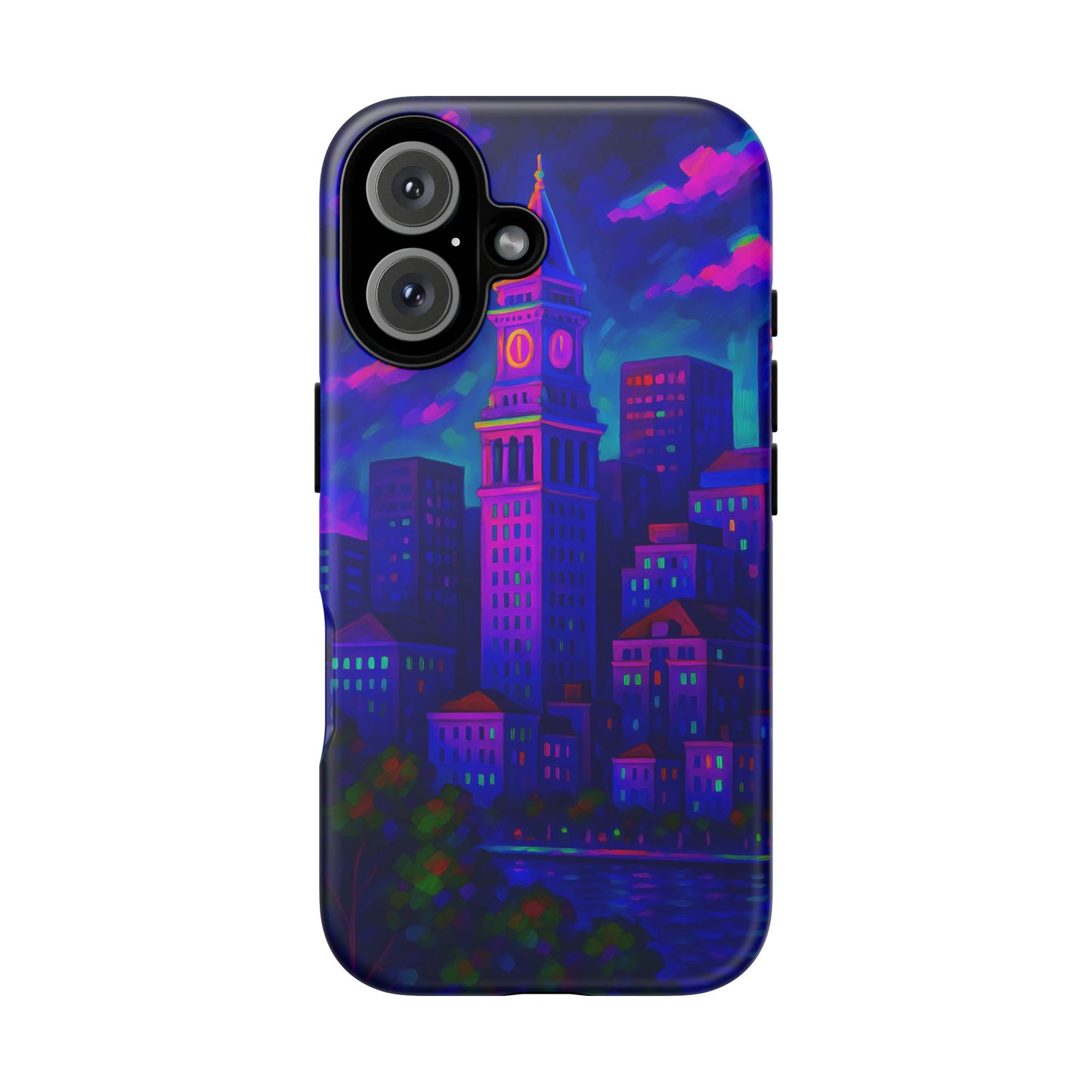 Boston Cityscape Tough Phone Case, Neon Night Skyline, Sunset Tower View Watercolor Urban Art, Compatible with iPhone, Galaxy, Google Phones